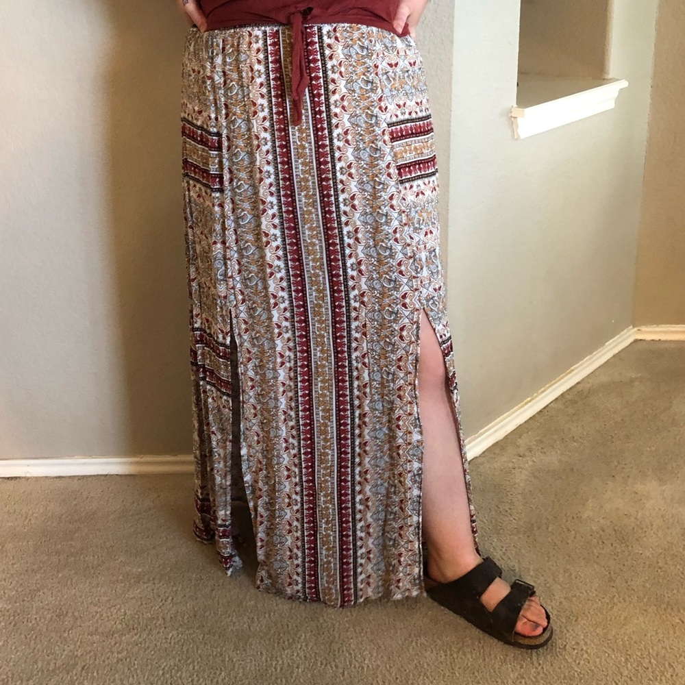 High Waisted Double Slit Maxi Skirt